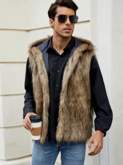 Gilet En Fausse Fourrure Noir Hiver Chaud Hommes Sans Manches Col Rabattu Capuche