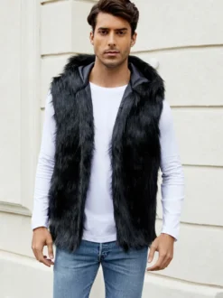 Gilet En Fausse Fourrure Noir Hiver Chaud Hommes Sans Manches Col Rabattu Capuche