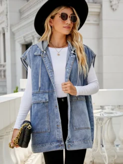Gilet en jean oversize pour femme - Veste longue vintage sans manches en jean délavé - Collection streetwear printemps-été 2026