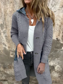 Gilet long en maille patchwork en denim poches et boutons pull-manteau pour femme 2026