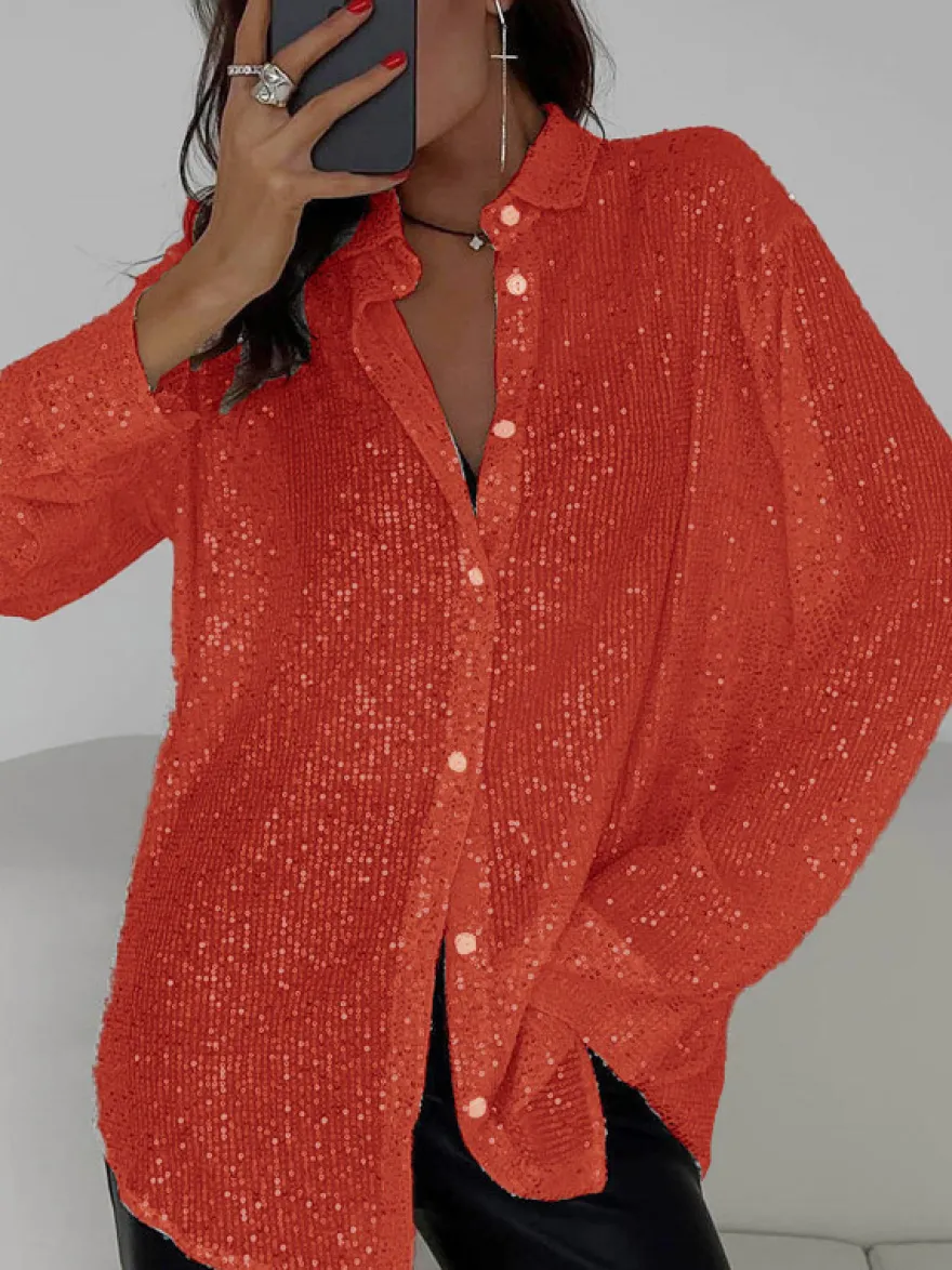 Gilets tendance pour les soirées col rabattu sequins manches longues en polyester