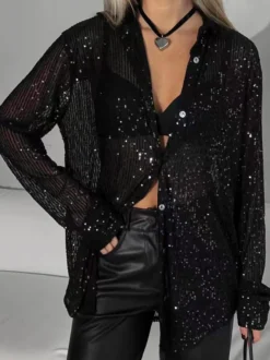 Gilets tendance pour les soirées col rabattu sequins manches longues en polyester