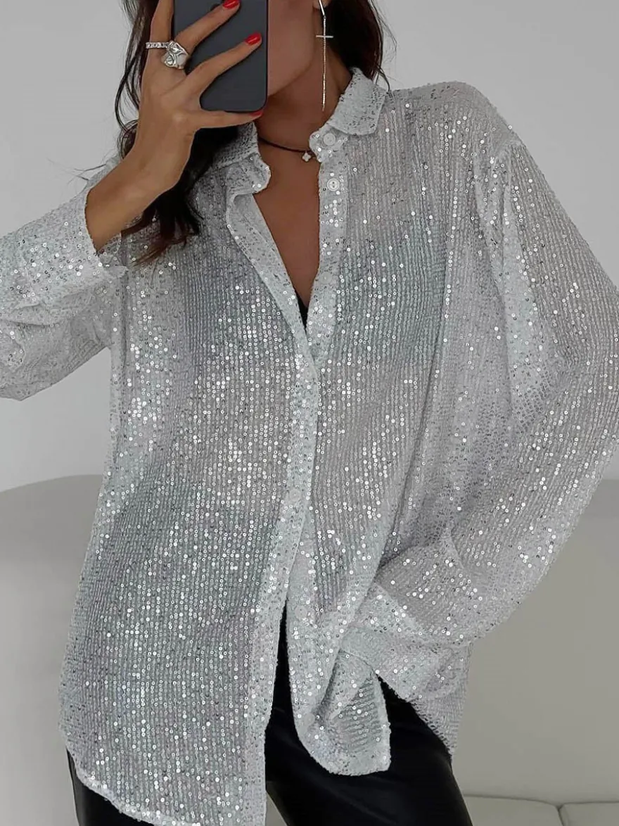 Gilets tendance pour les soirées col rabattu sequins manches longues en polyester
