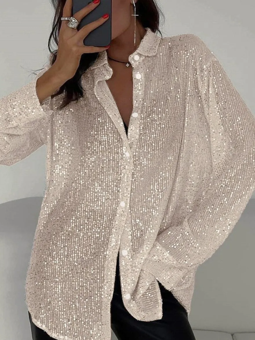 Gilets tendance pour les soirées col rabattu sequins manches longues en polyester