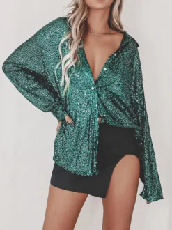 Gilets tendance pour les soirées col rabattu sequins manches longues en polyester