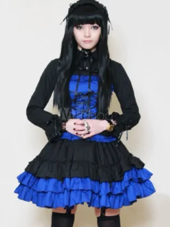 Gothic Lolita Robe OP Royal col Turndown bleu manches longues Lolita One Piece robe avec ceinture Déguisements