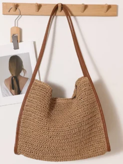 Grand sac cabas en paille à fermeture magnétique sac bandoulière tissé pour la plage sac à main décontracté pour les vacances