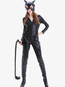 Halloween Combinaison Sexy En Cuir PU Pour Femme Noire Cosplay Chat Déguisement Halloween