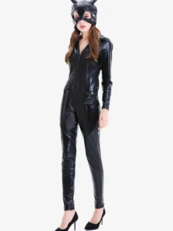 Halloween Combinaison Sexy En Cuir PU Pour Femme Noire Cosplay Chat Déguisement Halloween