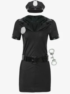 Halloween Corps Costume Pour Femmes Policière Chapeau Ceinture Menottes Robe 4 Pièces Ensemble Costume De Vacances Ensemble Complet