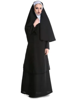 Halloween Costume de nonne d'halloween pour les femmes robe longue à capuche noire chapeaux Costume de vacances ensemble complet