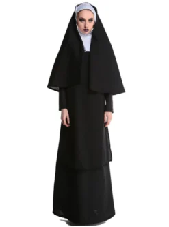 Halloween Costume de nonne d'halloween pour les femmes robe longue à capuche noire chapeaux Costume de vacances ensemble complet
