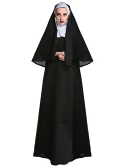 Halloween Costume de nonne d'halloween pour les femmes robe longue à capuche noire chapeaux Costume de vacances ensemble complet