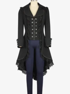 Halloween Costume 2026 Noir Gothique Boutonnage Dentelle Zip Plissé Gothique Rétro Pardessus Femmes Déguisements Halloween