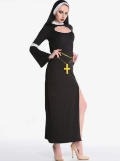 Halloween Costume Robe Noire Cagoule Femmes Nonne Set Mardi Gras Costumes de Fêtes Déguisements Halloween
