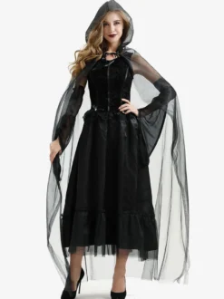 Halloween Costumes de sorcière d'Halloween pour les femmes Robe longue en tulle noire Cape Polyester Costumes de vacances Ensemble complet