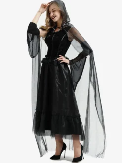 Halloween Costumes de sorcière d'Halloween pour les femmes Robe longue en tulle noire Cape Polyester Costumes de vacances Ensemble complet