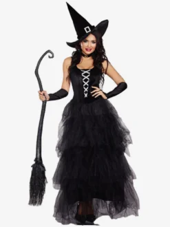 Halloween Costumes de sorcière d'halloween pour les femmes noir polyester effrayant longue robe chapeau vacances costumes ensemble complet、
