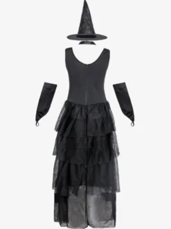 Halloween Costumes de sorcière d'halloween pour les femmes noir polyester effrayant longue robe chapeau vacances costumes ensemble complet、