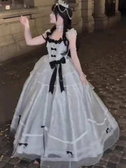 Halloween Robe de mariée gothique Lolita bleu gris robe de soirée en jacquard avec nœuds et volants mode kawaii