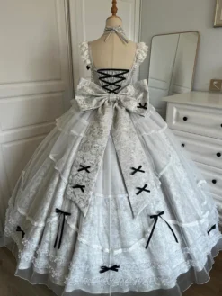 Halloween Robe de mariée gothique Lolita bleu gris robe de soirée en jacquard avec nœuds et volants mode kawaii