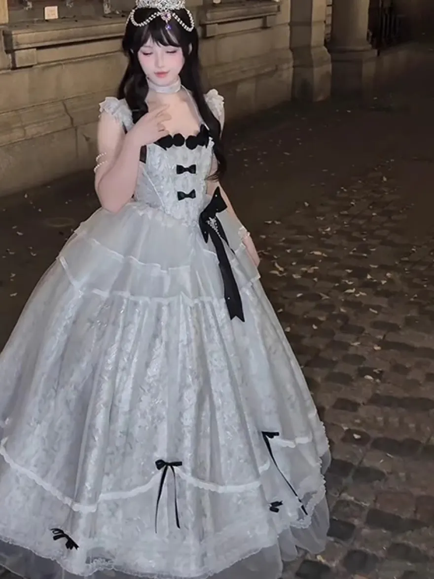 Halloween Robe de mariée gothique Lolita bleu gris robe de soirée en jacquard avec nœuds et volants mode kawaii