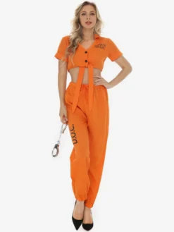 Halloween Uniforme de policière à rayures pour prisonnières ensemble 3 pièces avec haut et manches courtes