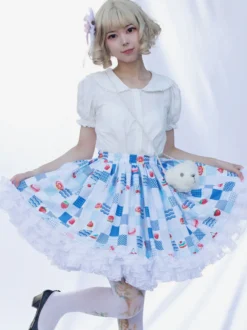 Harajuku Jupe Lolita SK Lolita À Volants Bleu Ciel ClairImprimée Fleurie