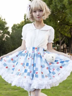 Harajuku Jupe Lolita SK Lolita À Volants Bleu Ciel ClairImprimée Fleurie