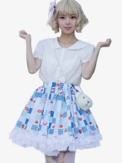 Harajuku Jupe Lolita SK Lolita À Volants Bleu Ciel ClairImprimée Fleurie