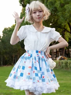 Harajuku Jupe Lolita SK Lolita À Volants Bleu Ciel ClairImprimée Fleurie
