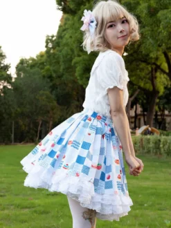Harajuku Jupe Lolita SK Lolita À Volants Bleu Ciel ClairImprimée Fleurie