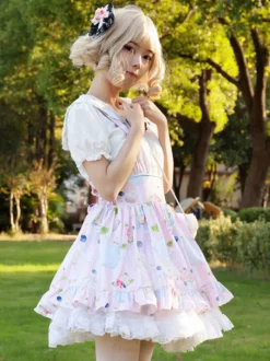 Harajuku Lolita SK Jupes Lolita à volants rose doux à imprimé Fleurie