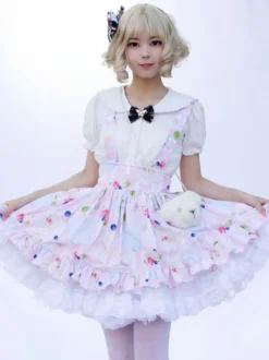 Harajuku Lolita SK Jupes Lolita à volants rose doux à imprimé Fleurie