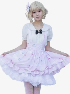 Harajuku Lolita SK Jupes à volants rose doux à imprimé Fleurie
