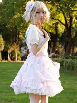 Harajuku Lolita SK Jupes à volants rose doux à imprimé Fleurie