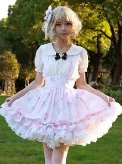 Harajuku Lolita SK Jupes à volants rose doux à imprimé Fleurie