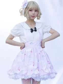 Harajuku Lolita SK Jupes à volants rose doux à imprimé Fleurie