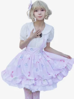 Harajuku Lolita SK Jupes à volants rose doux à imprimé Fleurie