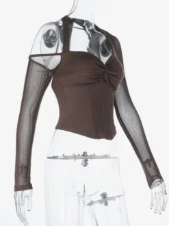 Haut corset dos nu pour femme - Chemisier à manches longues en patchwork de maille marron - Tenue de soirée printanière 2026