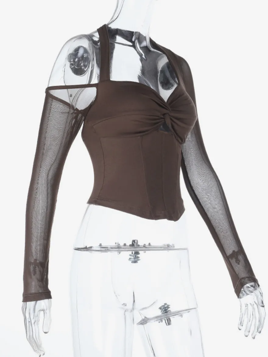 Haut corset dos nu pour femme - Chemisier à manches longues en patchwork de maille marron - Tenue de soirée printanière 2026