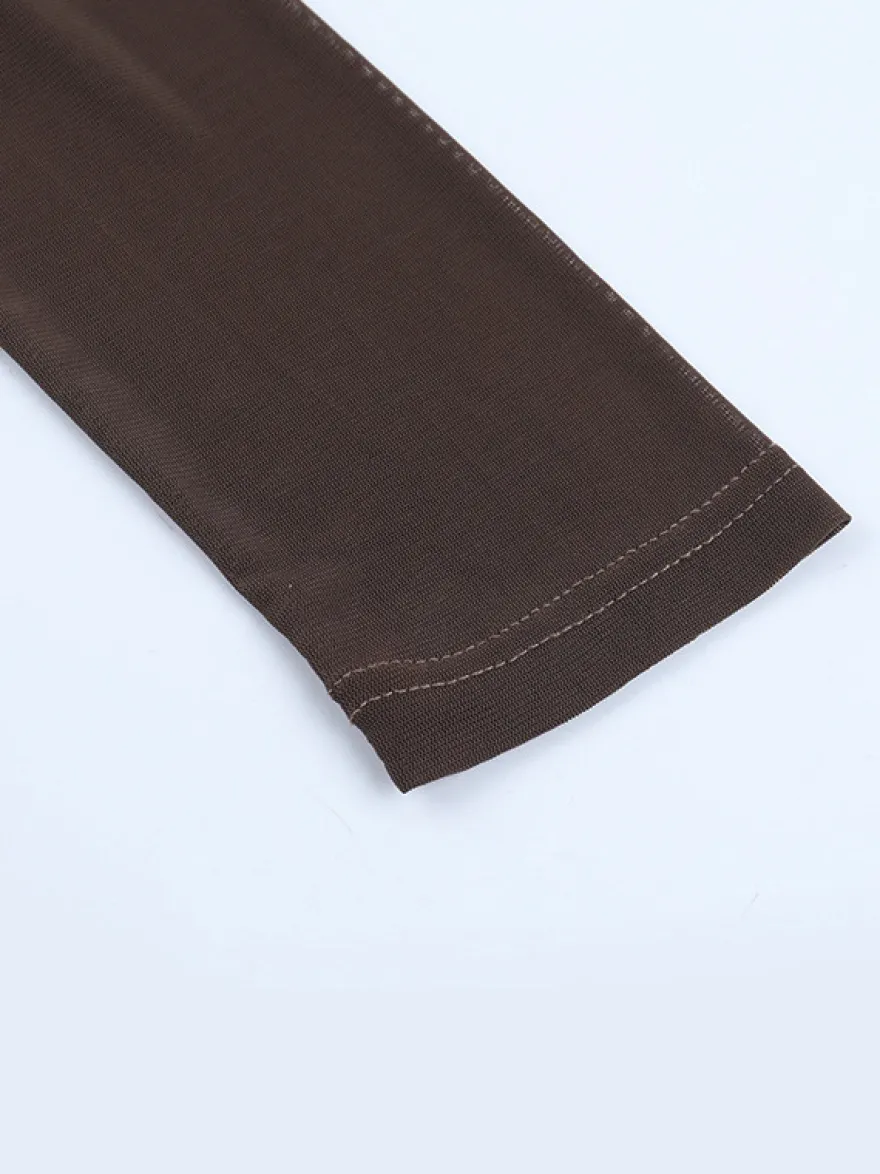 Haut corset dos nu pour femme - Chemisier à manches longues en patchwork de maille marron - Tenue de soirée printanière 2026