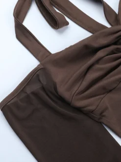 Haut corset dos nu pour femme - Chemisier à manches longues en patchwork de maille marron - Tenue de soirée printanière 2026