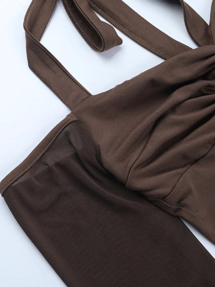 Haut corset dos nu pour femme - Chemisier à manches longues en patchwork de maille marron - Tenue de soirée printanière 2026