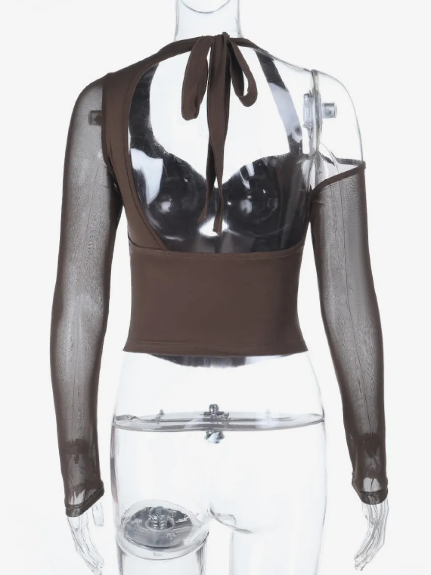 Haut corset dos nu pour femme - Chemisier à manches longues en patchwork de maille marron - Tenue de soirée printanière 2026