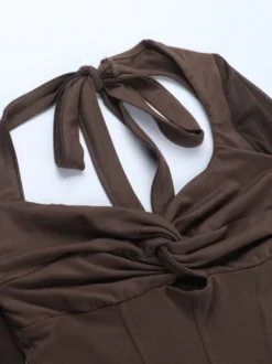 Haut corset dos nu pour femme - Chemisier à manches longues en patchwork de maille marron - Tenue de soirée printanière 2026