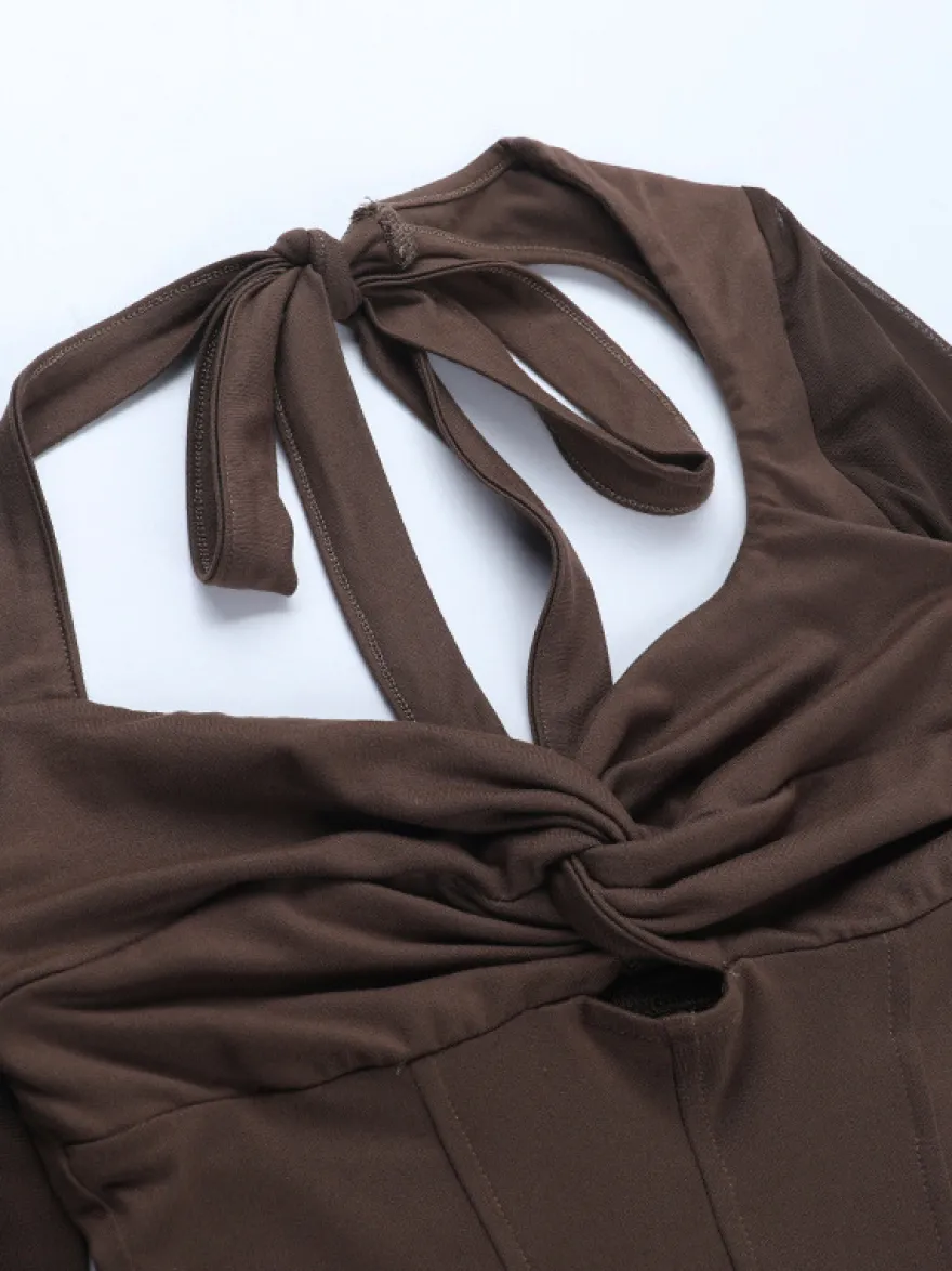 Haut corset dos nu pour femme - Chemisier à manches longues en patchwork de maille marron - Tenue de soirée printanière 2026