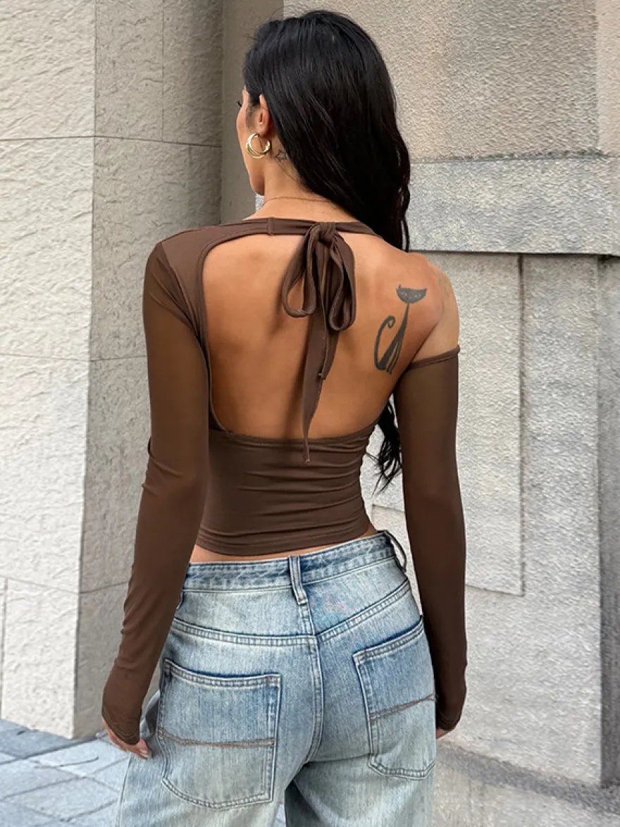 Haut corset dos nu pour femme - Chemisier à manches longues en patchwork de maille marron - Tenue de soirée printanière 2026
