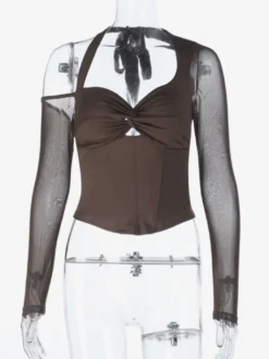 Haut corset dos nu pour femme - Chemisier à manches longues en patchwork de maille marron - Tenue de soirée printanière 2026