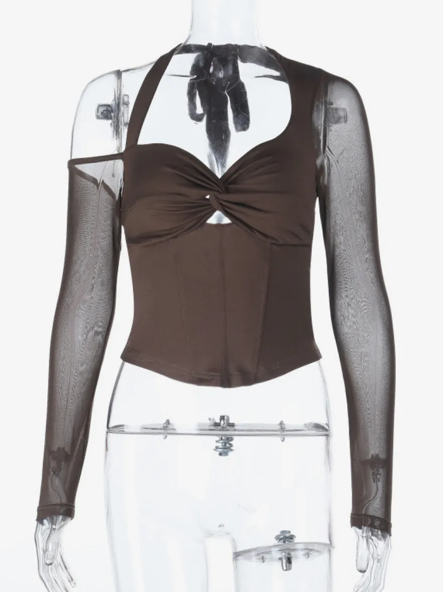 Haut corset dos nu pour femme - Chemisier à manches longues en patchwork de maille marron - Tenue de soirée printanière 2026